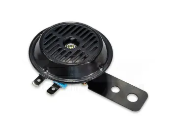 Hupe / Signalhorn 12V (Ø 65mm) Gehäuse schwarz, Halter schwarz, Deckel schwarz mit Gitter "100dB" passend für S50, S51, S70, S53, S83, SR50, SR80, MZ RT, BK, ES, ETS, TS, ETZ, AWO, EMW, Jawa (Import)